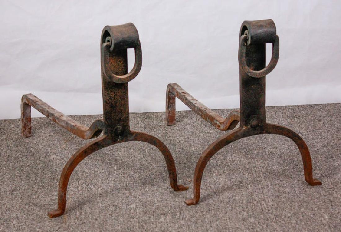 Pair of Wrought Iron Andirons: 14h x 11w x 19d inches. Some rust. #Andirons #WroughtIron