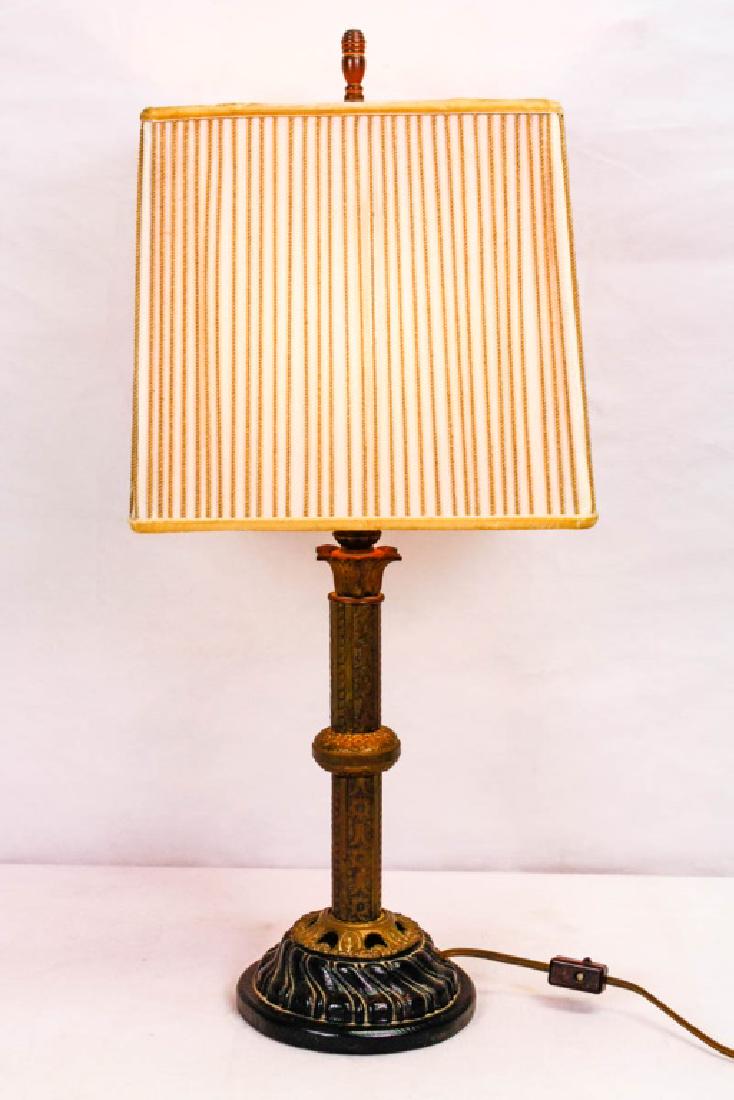 Decorative Metal Table Lamp: 12h inches to fixture. 19.25 to top of shade. 21h inches to top of finial. Crack to plastic candle form around light bulb. Working condition. #TableLamp