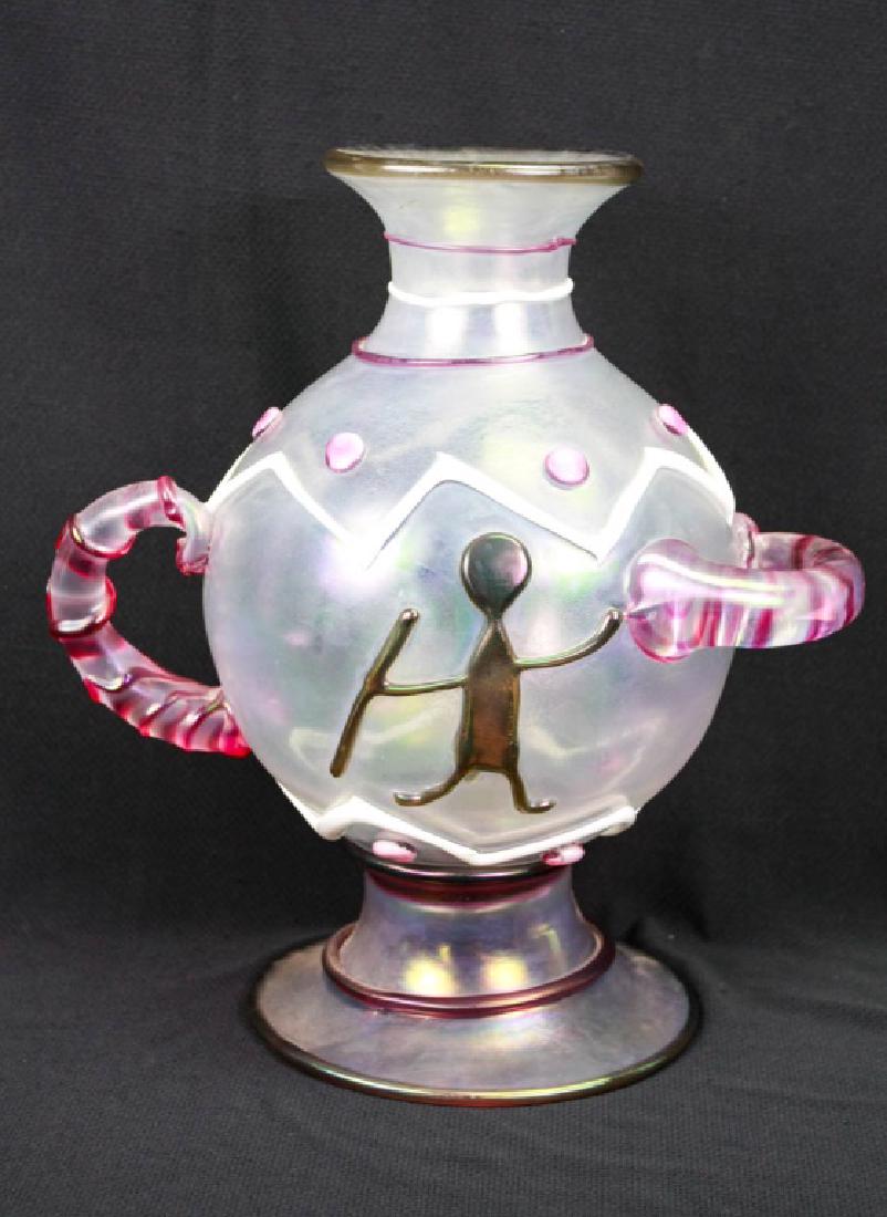 Art Glass Vase Signed L. de Rai: Primitive cave scene on glass with unique handles. Signed L. de Rai. 13.5h inches. #ArtGlass