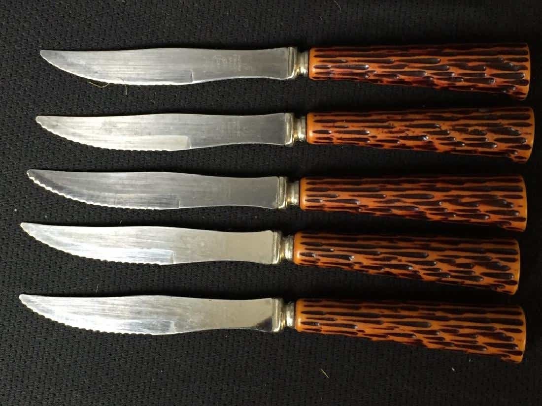 Bakelite Handle Crown Sheffield Steak Knives: Crown Sheffield Stainless Steel. Horn look alike. 8.75 inches long. #Bakelite #CrownSheffield