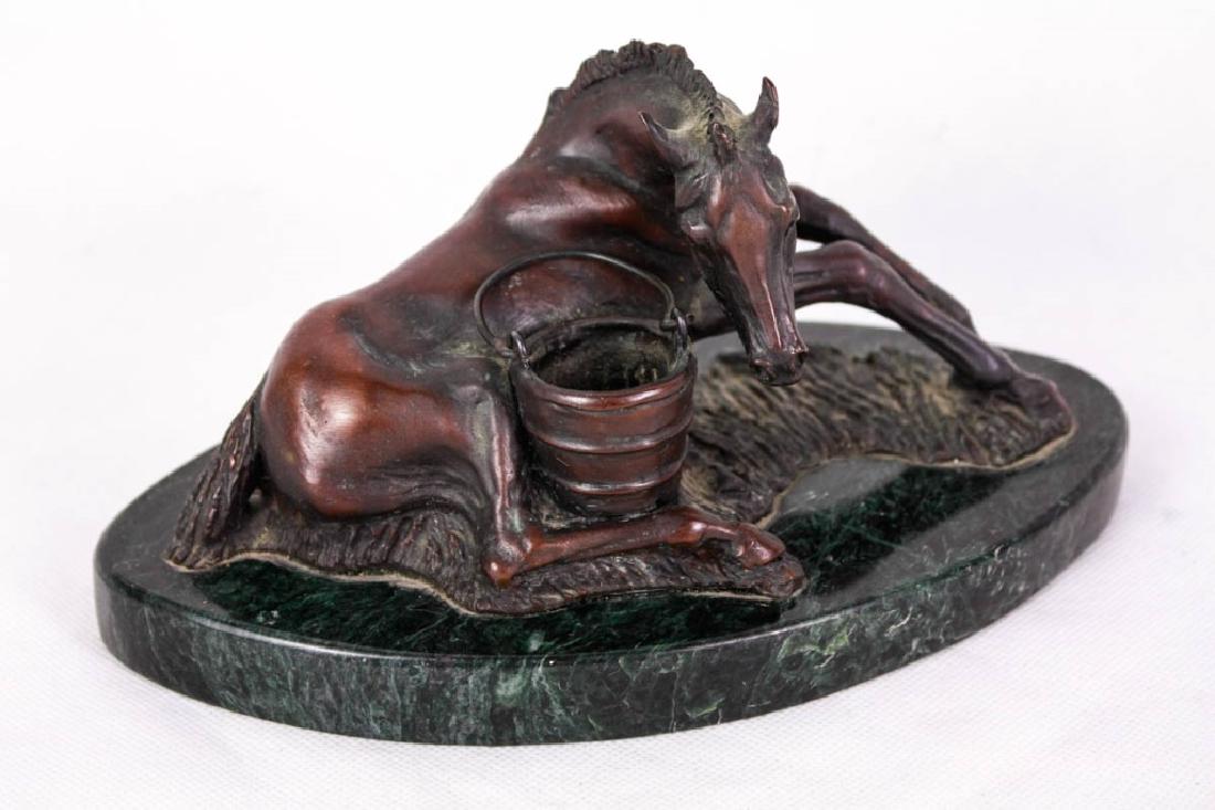 Horse Reclining with Bucket by Zimmer: Signed Zimmer, '99. 4h x 7.75w x 4.25d inches. #BronzeHorse #Zimmer #Equestrian