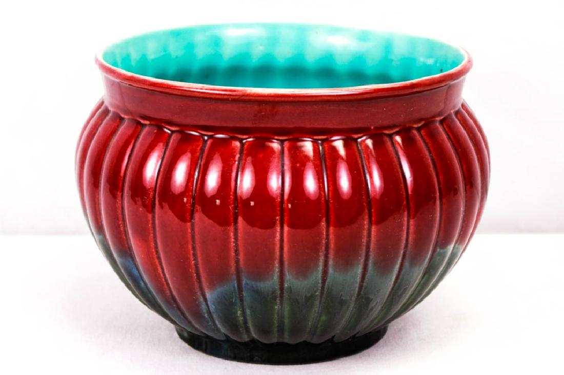Sarreguemines Majolica Red & Blue Planter: Marked Sarreguemines. 7.25h x 9w inches. #Sarreguemines #FrenchPottery #Majolica