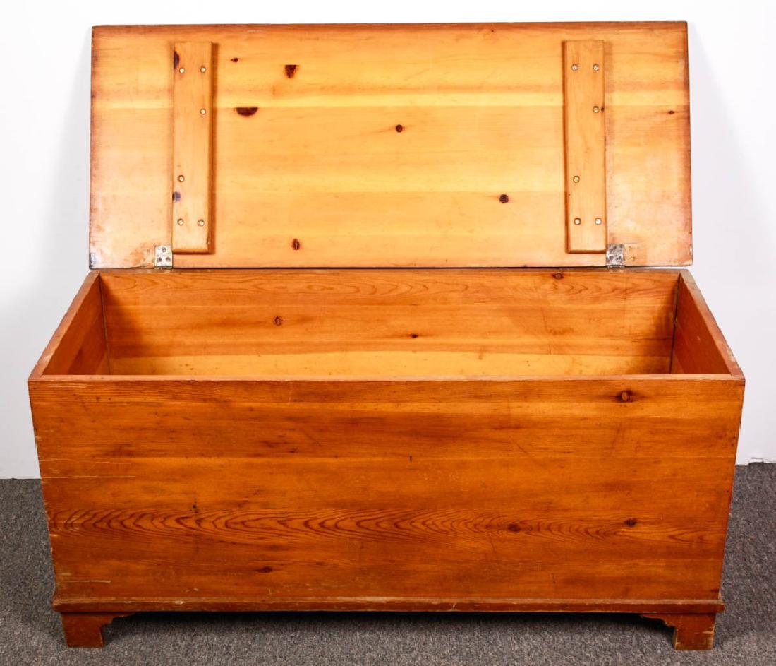 Pine Blanket Chest: 20.25 x 42.25w x 17.5d inches. Some wear and loss to trim. #BlanketChest