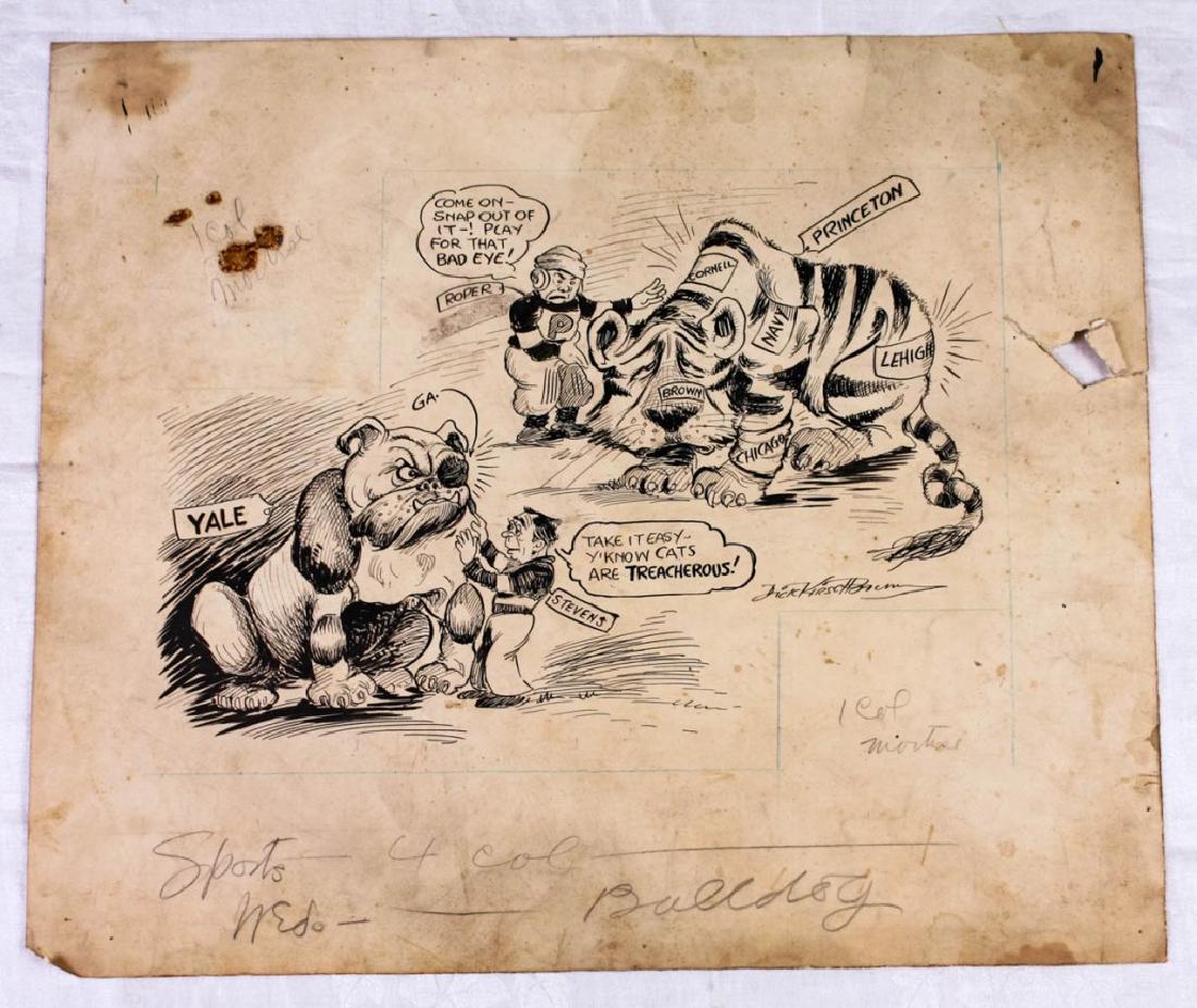 Princeton vs. Yale Cartoon by Dick Kirschbaum: Original Princeton vs. Yale rivalry cartoon by Dick Kirschbaum, signed lower right. 15.5h x 18.25w inches. #Princeton #Yale #PrincetonYale #DickKirschbaum #VintageComics #Cartoons