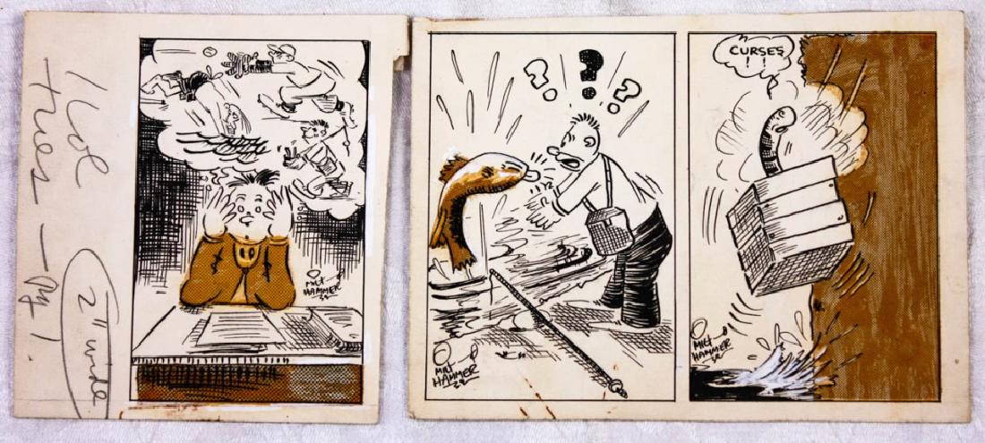 Original Cartoons by Milt Hammer (3): Milton Hammer, American (d. 2017) cartoonist and illustrator. (1) Dreaming of Baseball, signed by Milt Hammer, 5.25h x 4.75w inches. (2/3) Big Fish & Bait Escape, both cells signed by Milt Hammer. 5.2