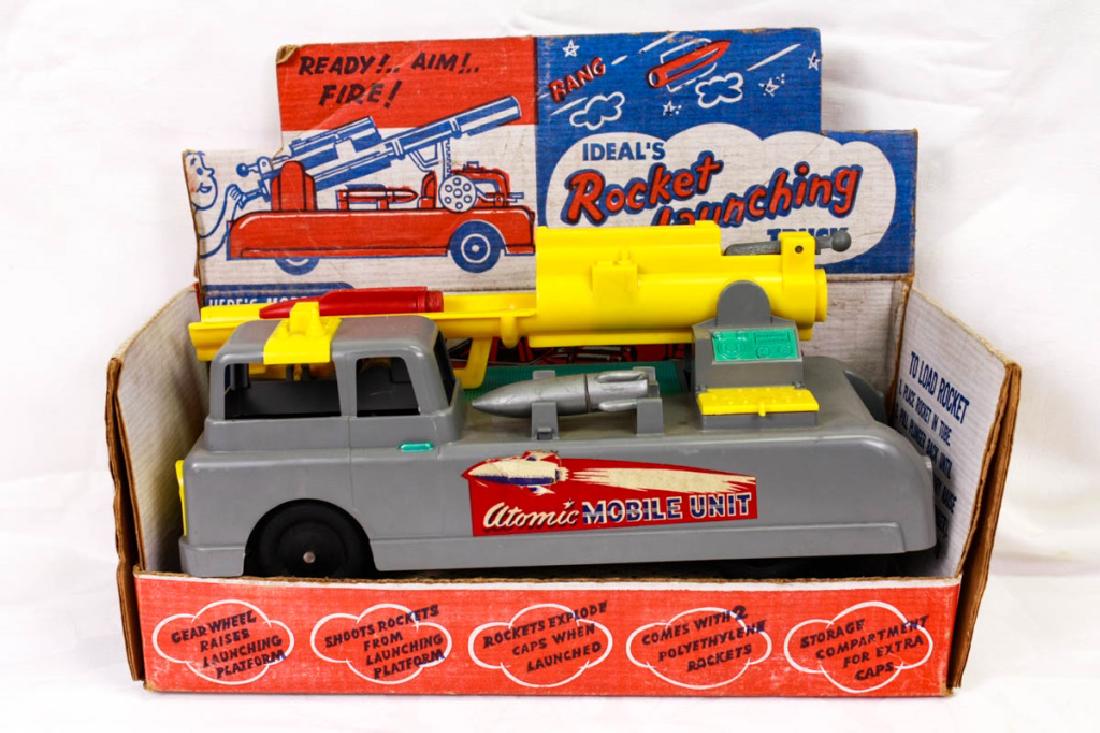 Ideal Toys Rocket Launching Truck: In original box with one red original rocket. 6h x 11w inches. #IdealToys #VintageToys #RocketLauncher