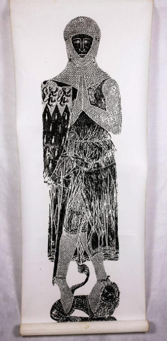 Print on Felt of Man in Medieval Mesh Armor: 67.5h x 22.5w inches. Some discoloration. #Medieval #FabricPrint