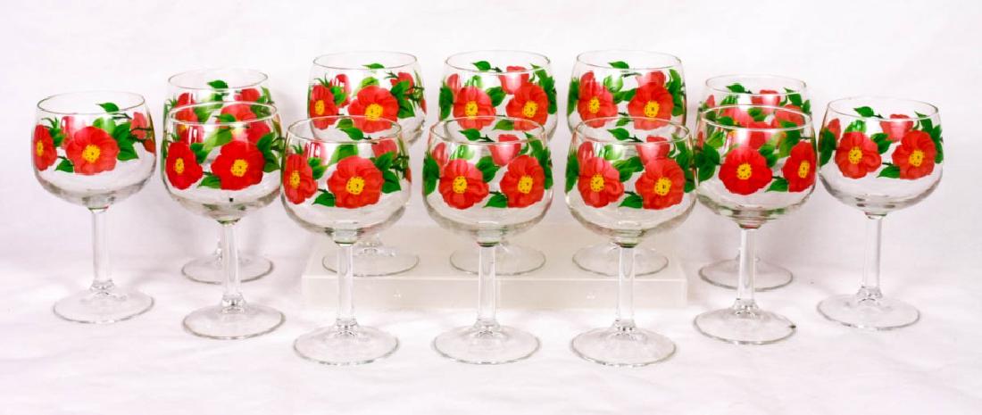 Hand Painted Franciscan Desert Rose Wine Glasses: Marked Franciscan. 6.5h inches. Chip to one. #FranciscanGlass #DesertRose #VintageGlass