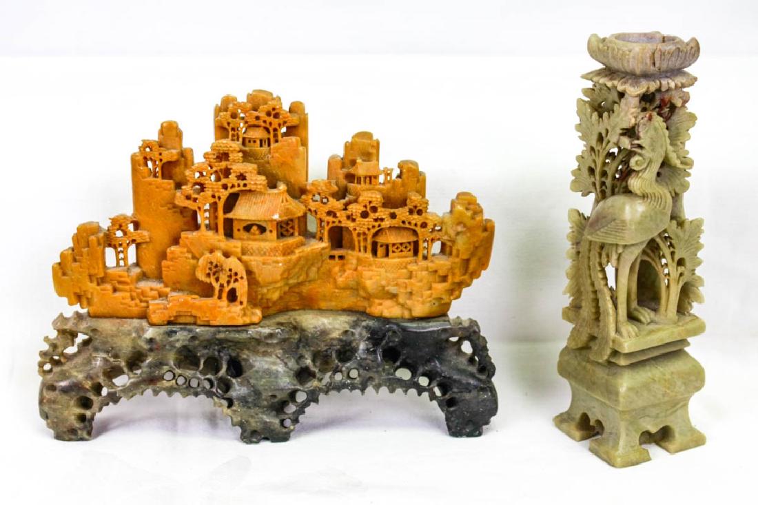 Chinese Soapstone Carvings (2): Including village on pedestal, 5h x 6.75w inches & bird candlestick, marked China, 6h inches. #ChineseCarving #ChineseSoapstone #SoapstoneCarving