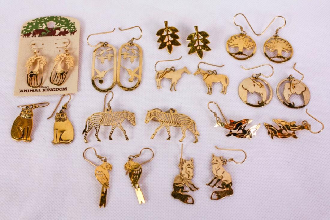 Collection of Wild Bryde Earrings: (8) pairs marked WB or Wild Bryde; Zebra pair unmarked but look like Wild Bryde; Leaves unmarked; Cats marked Laurel Burch. (11) pairs total. #AnimalKingdom #DisneyAnimalKingdom #WildBryde