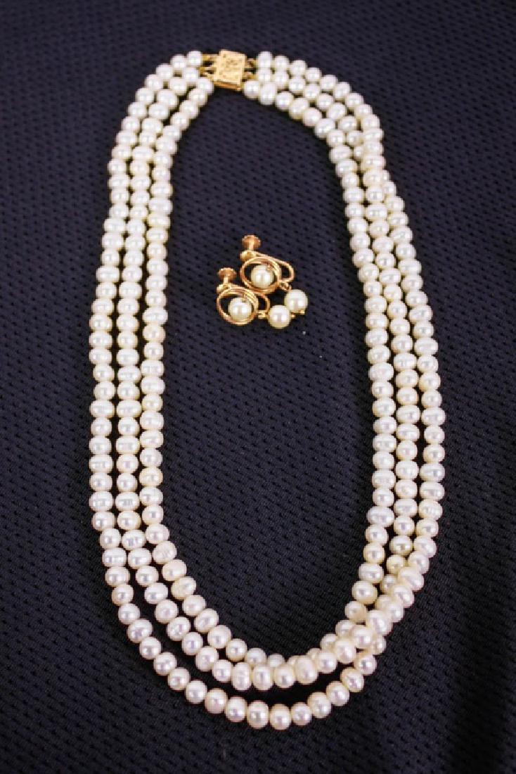 14K Gold & Pearl Necklace & Earrings: Necklace, marked 14K, 9 inches long. Earrings, marked 14K. Includes original receipt, box and tag from JC Penney. #VintageJewelry #JCPenney