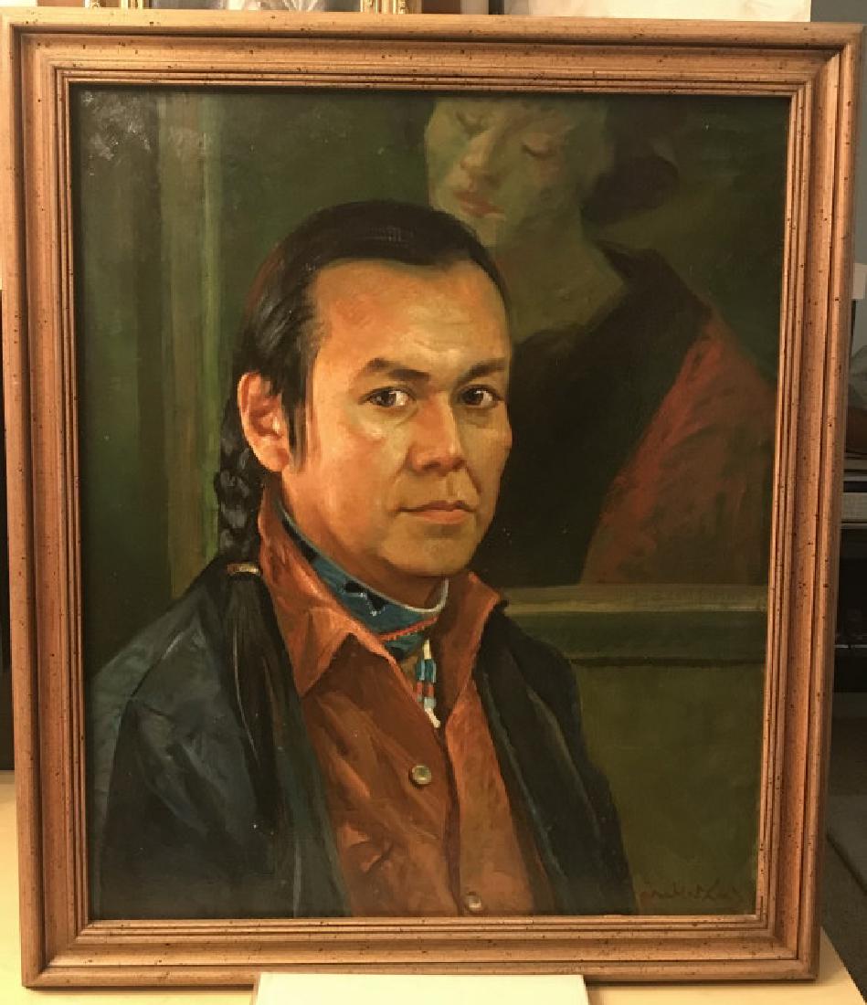 William Muller-Lux, Portrait of Native American: William Muller-Lux, oil on masonite. Portrait of a Modern Native American Man. Provenance: purchased from artist, Muller-Lux. 24h x 20w inches sight, 27.5h x 23.5w inches framed. Very good condition.#