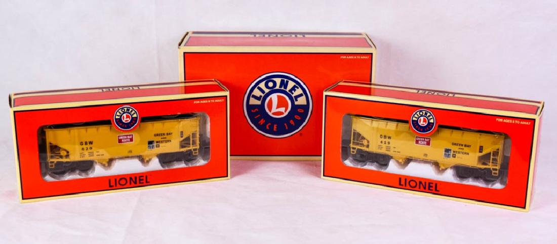 Lionel 11856 Green Bay & West. Offset Hopper 2Pack: 6-11856, 2004 (consists of 6-17053 & 6-17054). Green Bay & Western Offset Hopper #419 & Green Bay & Western Offset Hopper #420. Die-cast metal body and frame, opening bottom hatches, hidden uncoupling