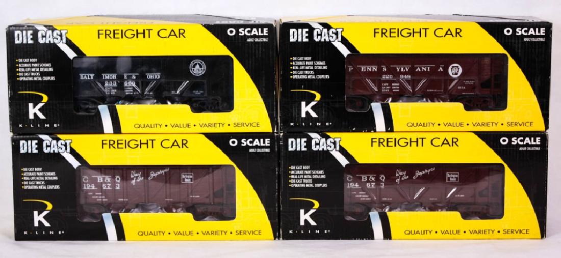 K Line Die Cast Freight Cars Lot of 4: O Scale. Including B&O Die Cast Ribbed 2-Bay Hopper K6254-1091; CB & Q 2-Bay DC Hopper #2 K6255-1331; PRR 2-Bay Outside Braced Hopper with real coal load K6255-1891; CB & Q 2-Bay DC Hopper #2 K6255-13