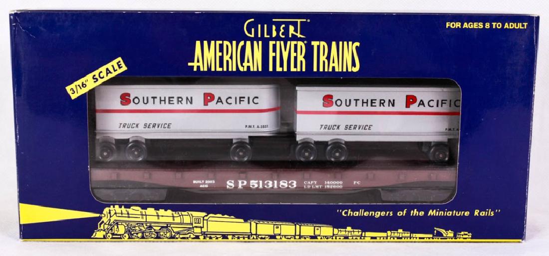 Gilbert Am. Flyer Southern Pacific Flatcar 48532: With piggyback trailers. S Gauge. 6-48532, 2001. Die-cast trucks, two removable trailers. Mint in box. #Gilbert #AmericanFlyer #Lionel