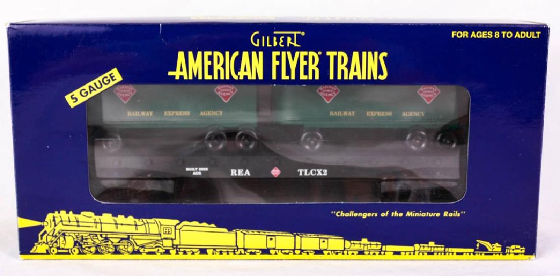 Gilbert A/F Railway Express Agency Flatcar 48539: With piggyback trailers. S Gauge. 6-48539, 2004. Die-cast metal trucks, two removable trailers. Mint in box. #Gilbert #AmericanFlyer #Lionel