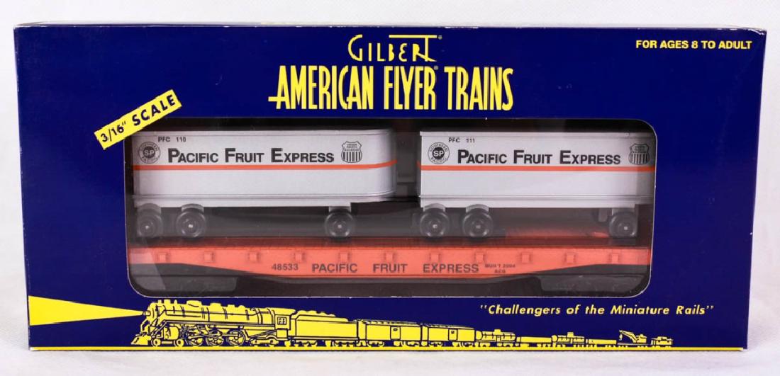 Gilbert A/F Pacific Fruit Express Flatcar 48533: With piggyback trailers. S Gauge. 6-48533, 2001. Die-cast metal trucks, two removable trailers. Mint in box. #Gilbert #AmericanFlyer #Lionel
