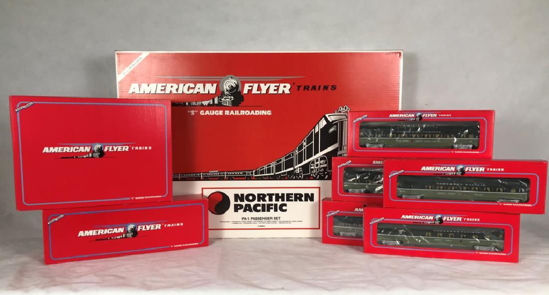 Am. Flyer Northen Pacific PA-1 Passenger Set 49602: MIB - S Gauge railroading. Set includes 7 boxed engines and cars in the "set box" as follows: Northern Pacific PA-1 Powered & Non-Powered Engines 6-48114. PA-1 powered engine features dual motors, eig