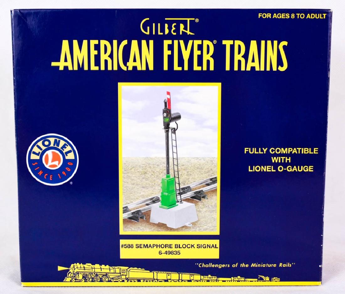 Gilbert AF #588 Semaphore Block Signal 49835: 6-49835, 2008. Operating semaphore arm with green and red illumination, metal construction. Mint in box. #Gilbert #AmericanFlyer #Lionel