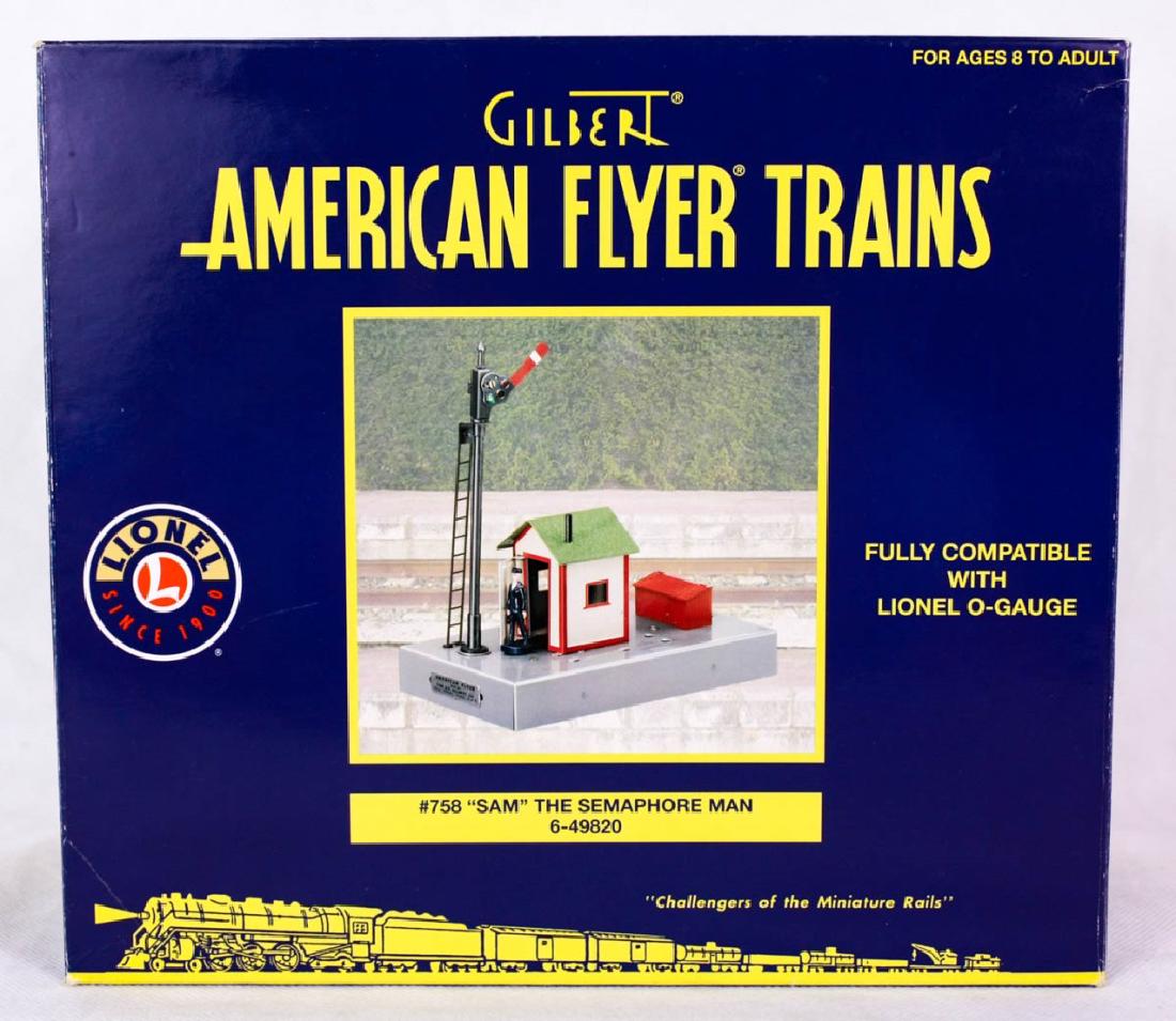 Gilbert AF #758 Sam the Semaphore Man 49820: 6-49820, 2008. Train stops when Sam emerges from his shack, one animated figure and operating signal, metal construction Mint in box. #Gilbert #AmericanFlyer #Lionel