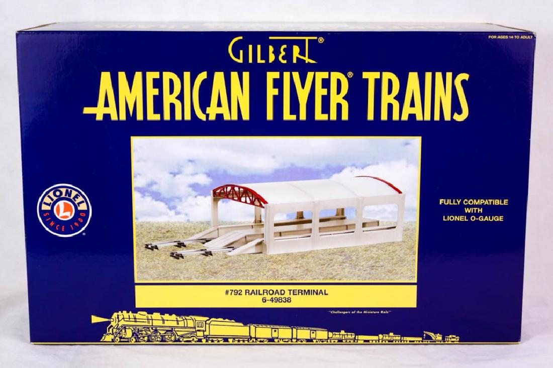 Gilbert Am. Flyer #792 Railroad Terminal 49838: 6-49838, 2008. Frosted roof, four girder arches, five platforms with passenger ramps, metal base. Mint in box. #Gilbert #AmericanFlyer #Lionel