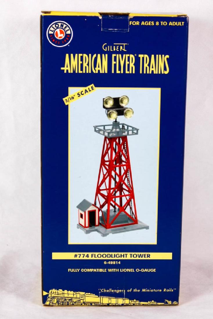 Gilbert American Flyer #774 Floodlight Tower 49814: 6-49814, 2003. Metal tower and building, painted base and platform, four operating lamps. Mint in box. #Gilbert #AmericanFlyer #Lionel
