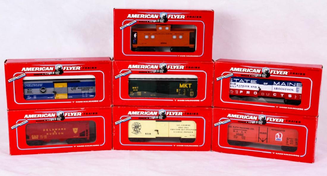 American Flyer Cars, 1991 Lot of 7 Cars: S Gauge railroading. Including Missouri Pacific Boxcar 6-48312, 1991; Delaware & Hudson Covered Hopper 6-48609, 1991; Milwaukee Road Animated Caboose with operating Brakeman and Illuminated Interior6-
