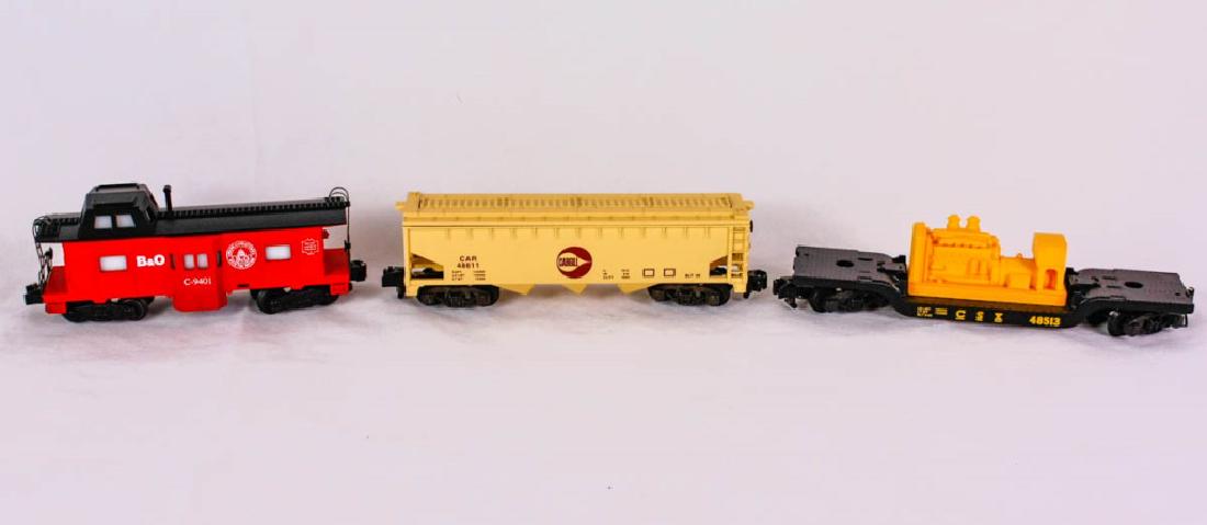 A/F C-9401 Caboose, 48611 Hopper & 48513 Flatcar: B&O C-9401 Caboose marked American Flyer by Lionel; Cargill 48611 covered Hopper; CSX 48513 flat car with generator. #ModelTrain #Lionel #AmericanFlyer
