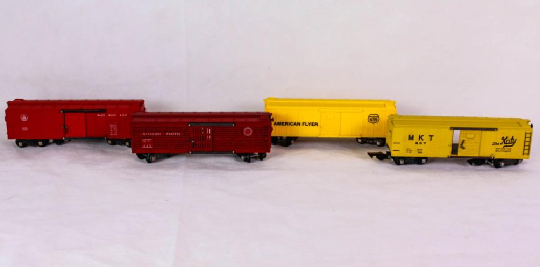 AF 633 B&O, 639 Box, 637 MKT, 629 MO. Pacif. Stock: Including Baltimore & Ohio 633 box car, Missouri Pacific 629 box car, American Flyer 639 box car, MKT 637 box car. Marked American Flyer mfg. by The AC Gilbert Co. #ACGilbert #AmericanFlyer