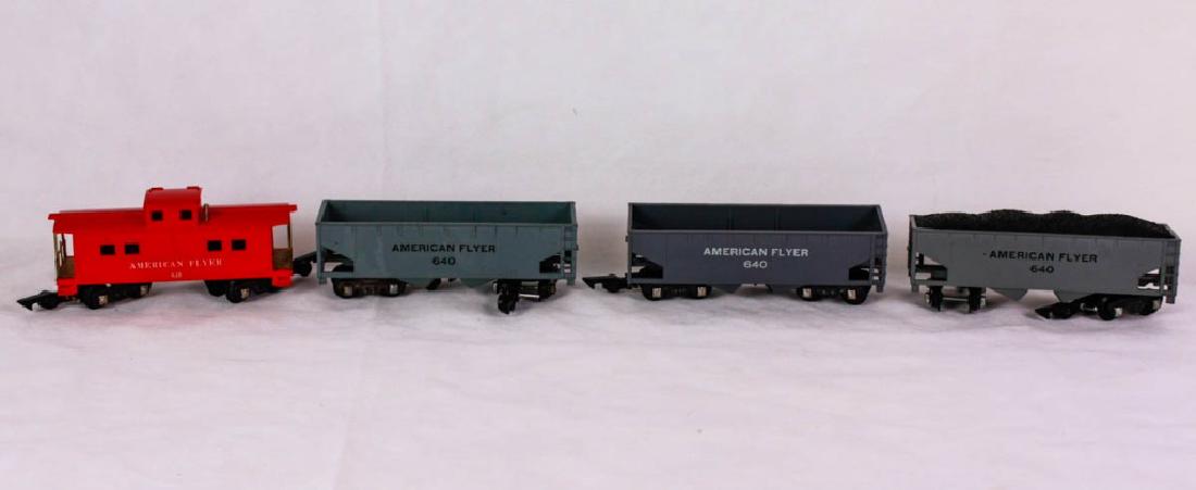 A/F 638 Caboose & 640 Hoppers, 1 w/Coal: Including American Flyer 638 Caboose, marked American Flyer mfg. by The AC Gilbert Co; Two American Flyer 640 hoppers, marked American Flyer mfg. by The AC Gilbert Co; American Flyer coal car. #ACGilb