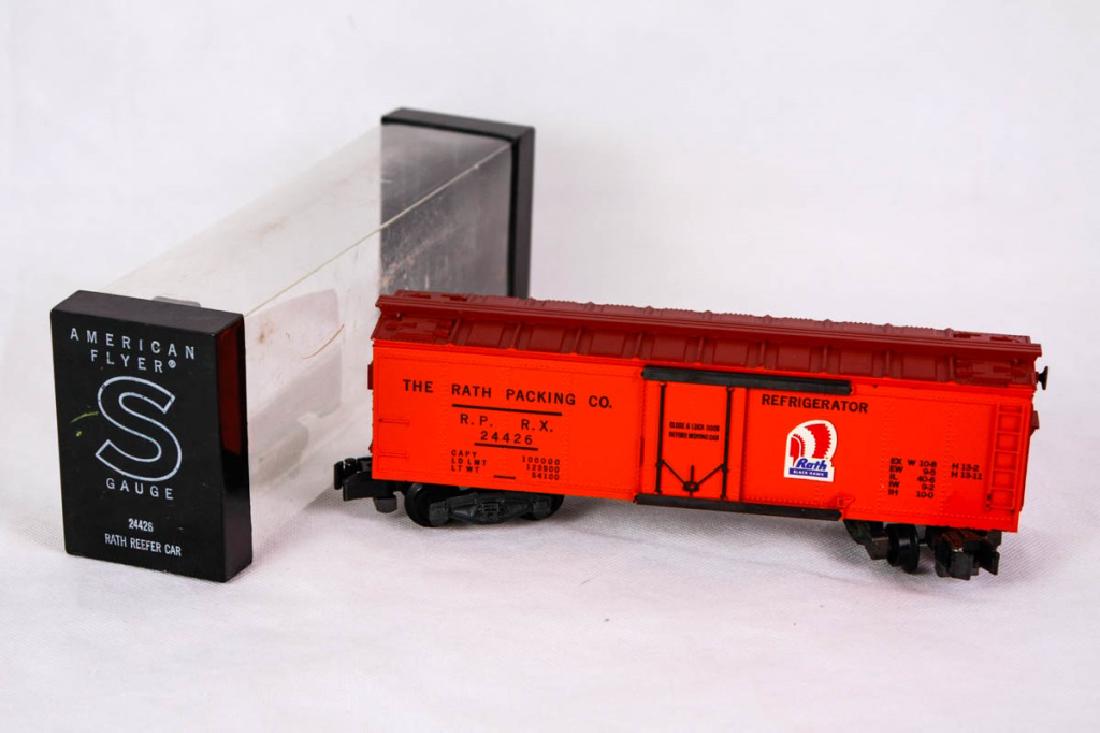 American Flyer 24426 Rath Reefer Car Mint in Box: In original Kleer-Pak Carton. Decal in mint condition. 24426 Rath Reefer Car. Marked American Flyer mfg. by The AC Gilbert Co. #RathReefer #24426