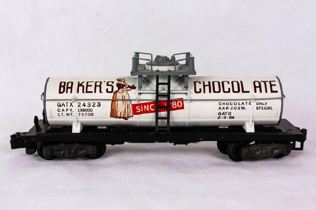A/F 24323 Baker's Chocolate Tank Car Excellent Cond.: Note: 1 broken step. Excellent condition 24323. No box. Marked American Flyer mfg by The AC Gilbert Co. #ACGilbert #AmericanFlyer #BakersChocolate