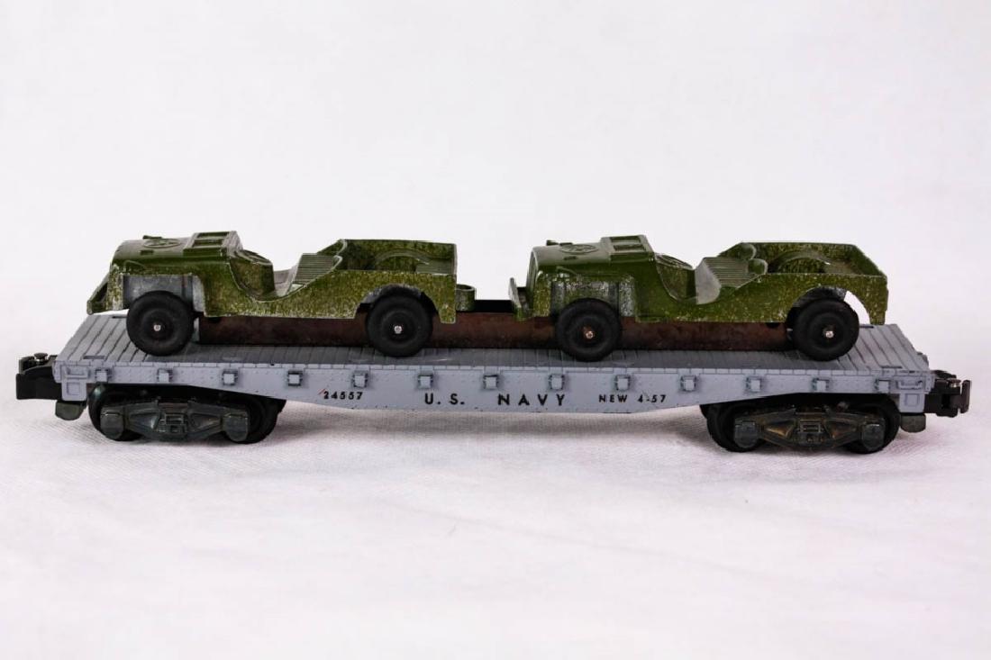 American Flyer 24557 US Navy Car with Jeeps: Jeeps marked Jeep, TootsieToy, made in USA. Carrier car marked American Flyer mfg by The AC Gilbert Co. #ACGilbert #AmericanFlyer #TootsieToys #Jeep #USNavy