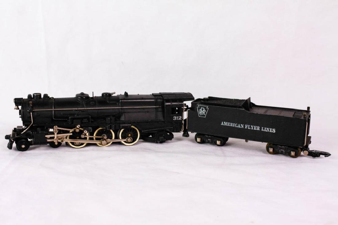 Am. Flyer 312 Engine & Tender: 4-6-2 wheels on steamer. Steamer 312. Smoke in tender. American Flyer Lines Pennsylvania Railroad coal car. Very good condition. #AmericanFlyer