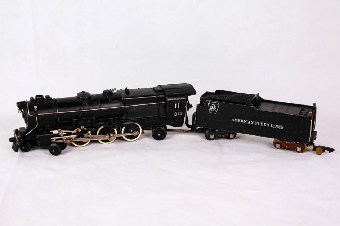 American Flyer 312 Steam Locomotive & Tender: American Flyer Pennsylvania Railroad coal tender and 312 steamer engine, smoke in boiler. Marked American Flyer mfg by The AC Gilbert Co. #ACGilbert #AmericanFlyer