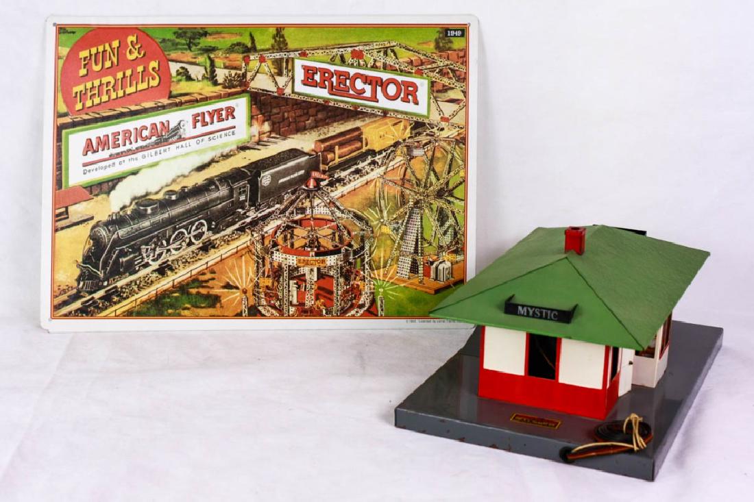 Vintage American Flyer Talking Station 755 & Sign: American Flyer Talking Station #755, "Mystic" mfg. by The AC Gilbert Co. Missing the record. AND American Flyer sign depicting 1949 scene, made in 1993 by Lionel. #ACGilbert #AmericanFlyer #Lionel