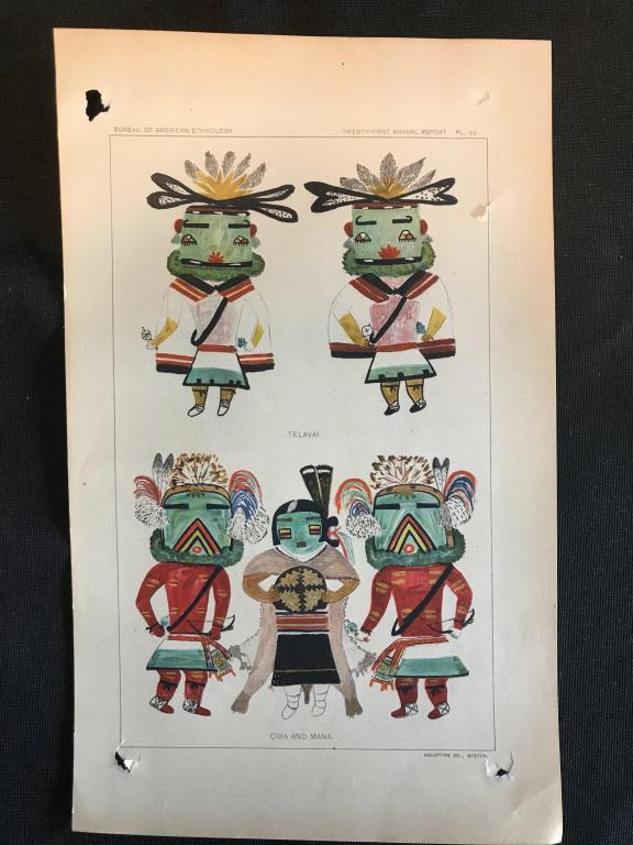 Chromolithography Kachina Print, 1900: Some damage from glue. Dr. Jesse Walter Fewkes of the SmithsonianÂ’s Bureau of American Ethnology wished to have a collection of Kachina pictures without the influence of foreigners. Three Hopi art