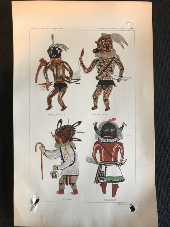 Chromolithography Kachina Print, 1900: Some damage from glue. Dr. Jesse Walter Fewkes of the Smithsonian’s Bureau of American Ethnology wished to have a collection of Kachina pictures without the influence of foreigners. Three Hopi artis