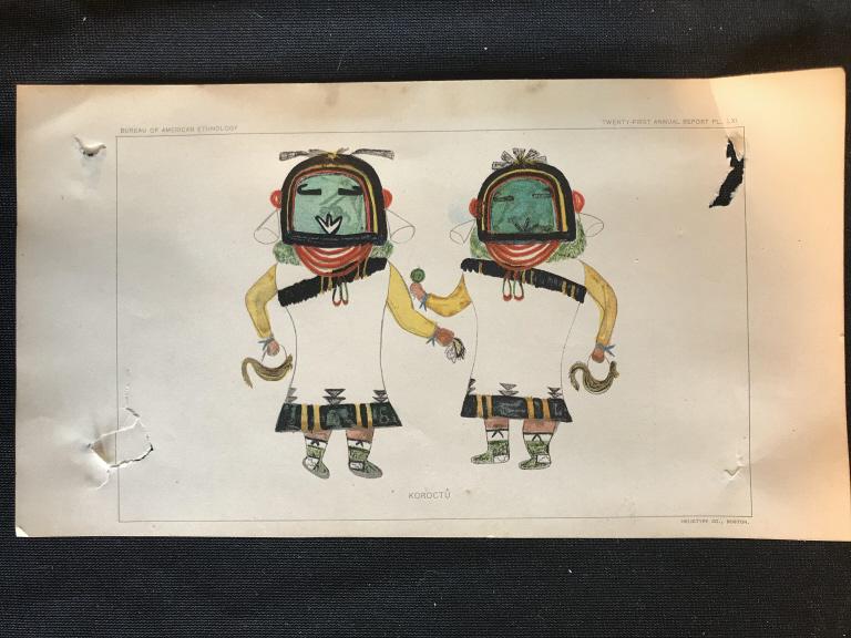 Chromolithography Kachina Print, 1900: Some damage from glue. Dr. Jesse Walter Fewkes of the Smithsonian’s Bureau of American Ethnology wished to have a collection of Kachina pictures without the influence of foreigners. Three Hopi artis