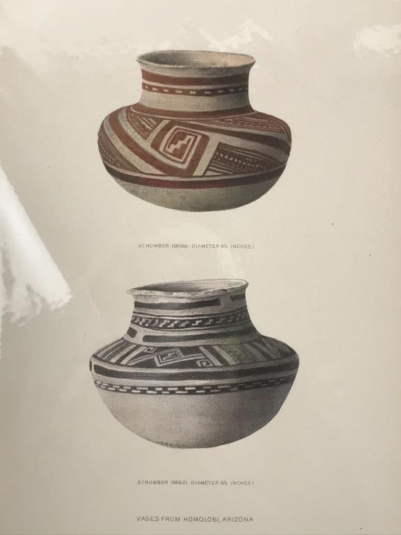 Chromolithography Vases from Homolobi, AZ.1900: Vases from Homolobi, Arizona. These beautiful collotype illustrations are from a report by Dr. Jesse W. Fewkes, one of the first anthropologists to study the early Native American cultures of the Amer