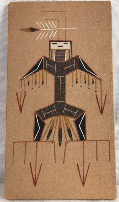 "Thunder" Navajo Sand Painting, Johnson: This is the painting of the thunder Underneath the wings are bags of water, on the wings are lightening, Jeanette Johnson Ship Spring T.P., Tohatchi , New Mexico Grey, Black, Orange Rust coloring. 13h