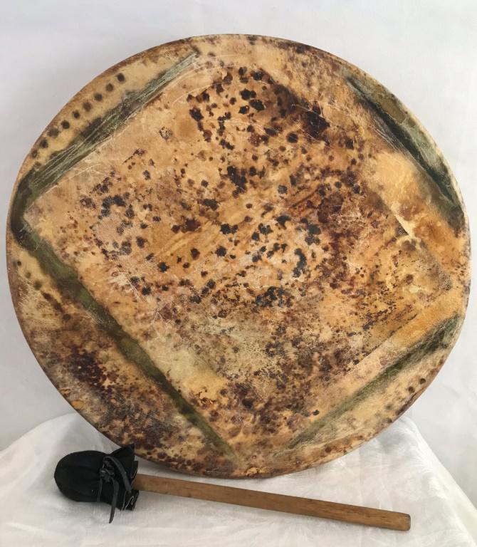 Plains Animal Hide Drum & Tom Tom: 2.75h x 21d inches. Tom Tom: 15 long x 2w inches (not original to drum)