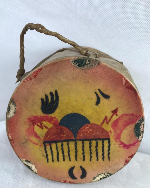 Southwest Style Child's Animal Hide Drum: 2-sided Small Drum. 3 5/8h x 5d inches.