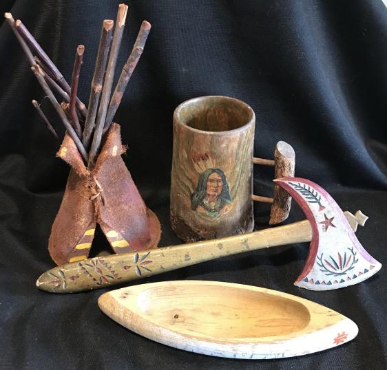 Souvenir Mug, Canoe, Tee Pee & Hatchet: Mug, 6h x 6w inches, including handle. Canoe 9.75w x 2.25d. Tee Pee 10.5h x 5w. Hatchet 14 long x 5w inches.