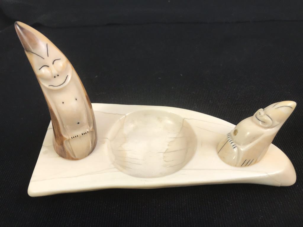 Inuit Carved Billiken Wales Teeth Trinket Tray: 3.5h x 6w 3d inches. 9.0 oz. total.