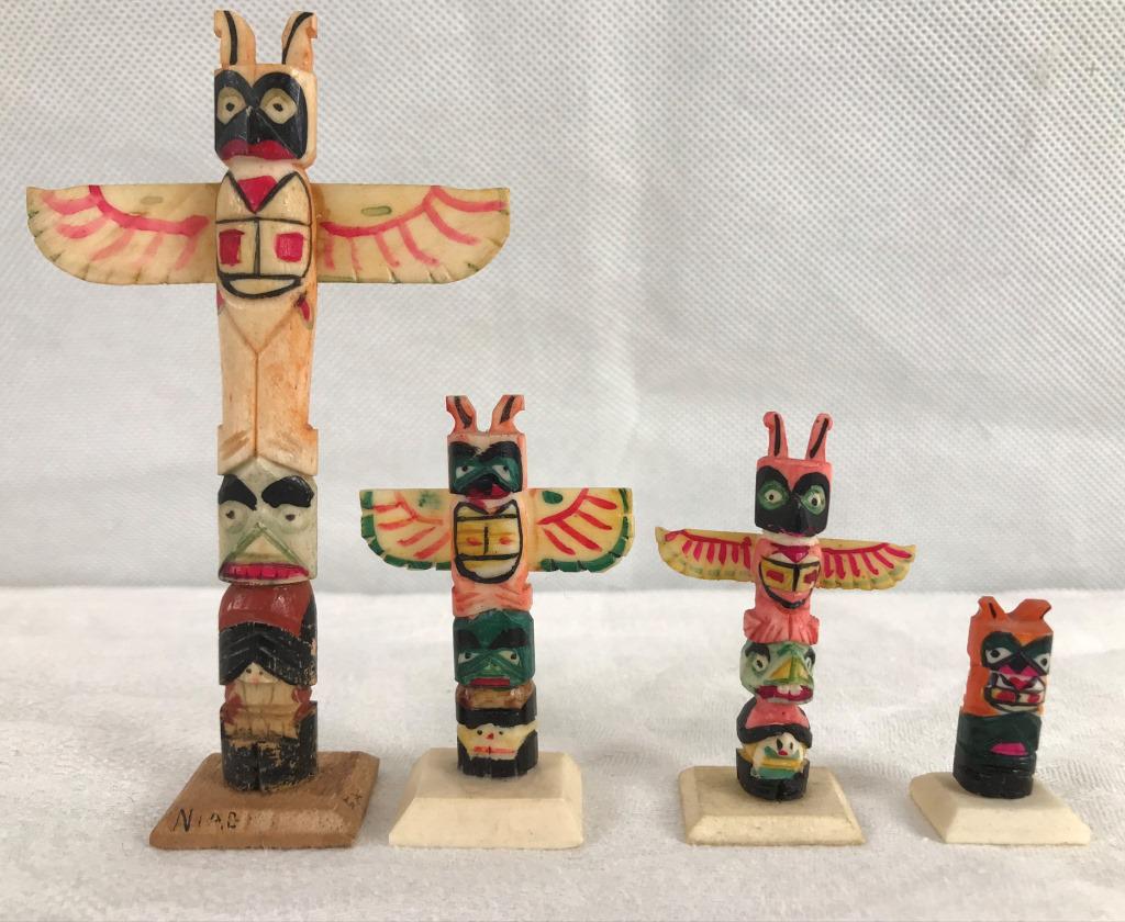 4 Northwest Coast Bone Carved Totems: 1.25 - 4.25h inches