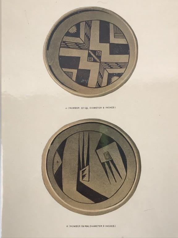 Chromolithography Food Bowls 1900: Food Bowls fom Chevlon and Homolobi, Arizona. These beautiful collotype illustrations are from a report by Dr. Jesse W. Fewkes, one of the first anthropologists to study the early Native American cult