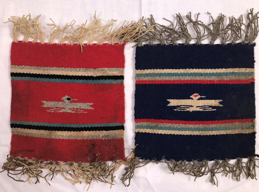 Southwest Red & Navy Miniatures: Both are soiled and need cleaning. 7.75h x 7.75w inches