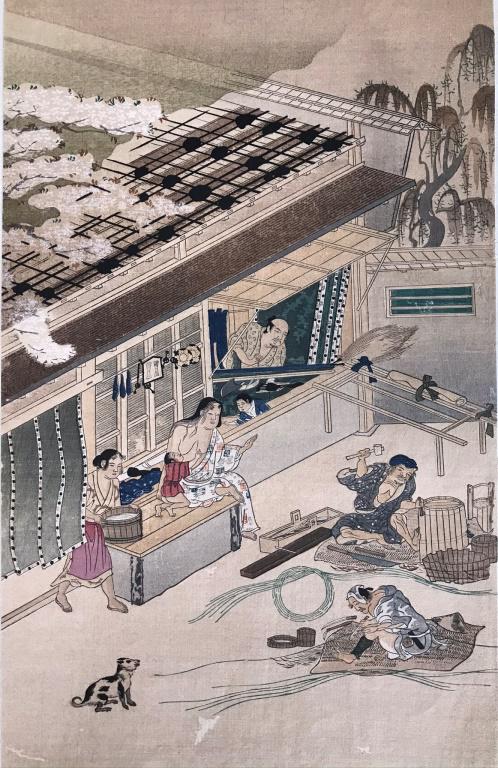 Mitsuoki Tosa (Japanese 1617-1691): Mat Maker" is a reproduction of one of the original 24 pictures in "A Collection of Pictures of Artisans.Part of a series ‘The Nippon Mokuhan Gasui’ (Masterpieces of Old Japanese Color Prints).Tos