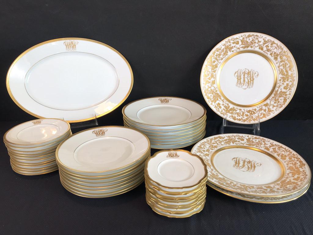 Monogrammed Set of Gold Rim Dinnerware: Monogrammed "HBW" Dresden, Germany. 8 luncheon 8.5"d; 1 Oval Platter 14.5" long; 11 appetizer 5"d; 11 Dessert 6"d.; 8 Dinner Plates 10"d.; 3 Chargers 10.75" d.